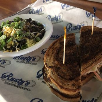 Rusty's Raw Bar and Grill - Naples - Grouper Rueben with rice and beans! - Bars Near Me - Naples, Florida