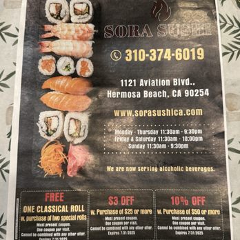 Sora Sushi - This coupon ad came to us in the generic mail. The photos are nice! - Japanese Near Me - Hermosa Beach, California Sora Sushi - This coupon ad came to us in the generic mail. The photos are nice! - Japanese Near Me - Hermosa Beach, California
