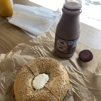 H&H Bagels - Bagel with cream cheese + Ronnybrook Chocolate Milk - Bagels Near Me - New York, New York