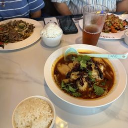 Boiled fish filet, cashew chicken, and black pepper beef.