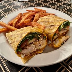 J Timothy's Taverne - "Buffalo Chicken Wrap" (tomato tortilla, grilled chicken, buffalo sauce, gorgonzola crumbles, lettuce, tomato) with Sweet Potato Fries
