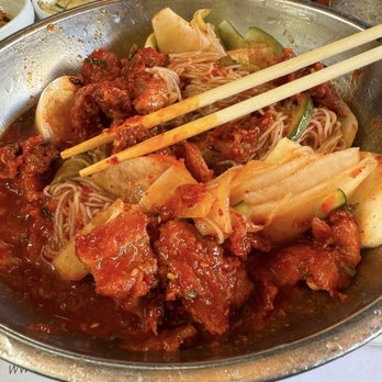 Chosun Galbee - Spicy buckwheat noodle dish -- prepared cold - Korean Near Me - Los Angeles, California Chosun Galbee - Spicy buckwheat noodle dish -- prepared cold - Korean Near Me - Los Angeles, California