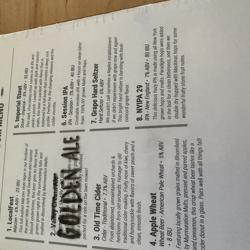 Naples Brewing Company - a menu on a table - Breweries Near Me - Naples, New York