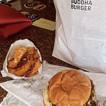 Buddha Burger - Double Cheeseburger & Onion Rings - Burgers Near Me - Pflugerville, Texas