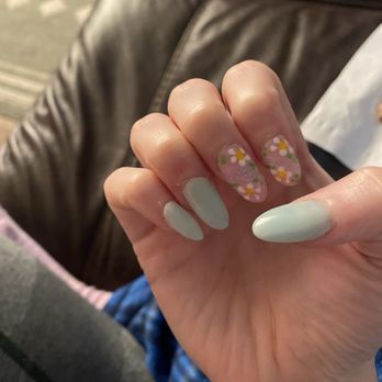 Nail Lounge Bellevue - SNS with tips spring design with light blue and flowers, almond shaped - Nail Salons Near Me - Nashville, Tennessee Nail Lounge Bellevue - SNS with tips spring design with light blue and flowers, almond shaped - Nail Salons Near Me - Nashville, Tennessee