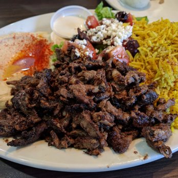 Green Corner Restaurant - Beef Shawarma plate with hummus, salad, and rice. - Mediterranean Near Me - Chandler, Arizona Green Corner Restaurant - Beef Shawarma plate with hummus, salad, and rice. - Mediterranean Near Me - Chandler, Arizona