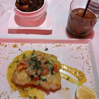 Red PrimeSteak - Lobster Crusted Seabass with Bacon-Sherry Brussel Spouts - Steakhouses Near Me - Oklahoma City, Oklahoma Red PrimeSteak - Lobster Crusted Seabass with Bacon-Sherry Brussel Spouts - Steakhouses Near Me - Oklahoma City, Oklahoma