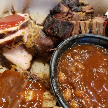Mission BBQ - Three meat samplet with turkey, brisket, and pulled pork toooed off with baked beans - Barbeque Near Me - Brookfield, Wisconsin