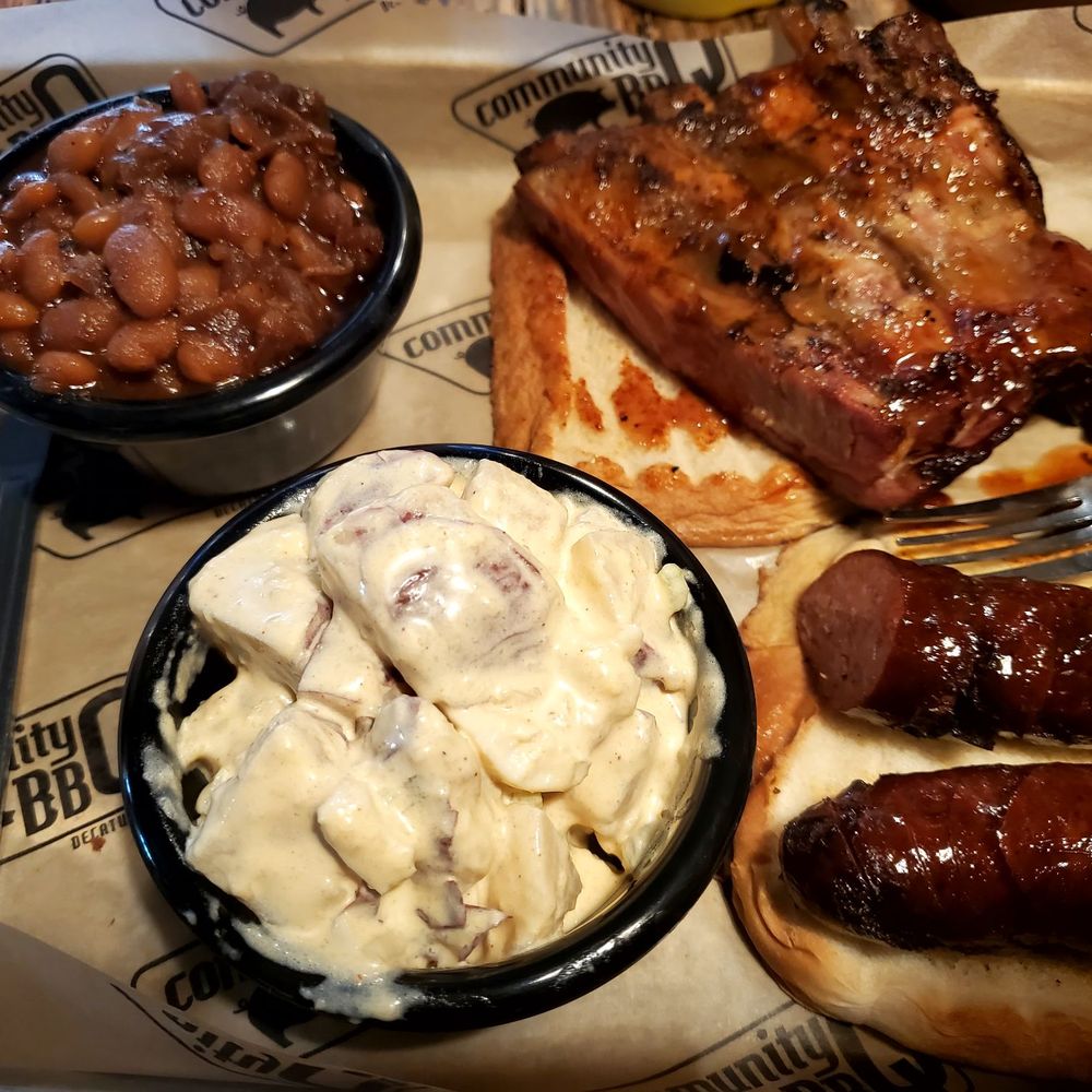Rob sandwich with smoked sausage, RED potato salad and baked beans