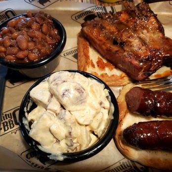 Community Q BBQ - Rob sandwich with smoked sausage, RED potato salad and baked beans - Barbeque Near Me - Decatur, Georgia