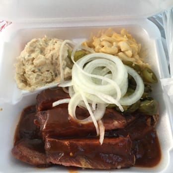 Texas Pit Stop BBQ - 3 meat plate potatoe salad and mac is super blan - Barbeque Near Me - La Marque, Texas