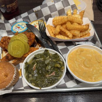 Prince’s Hot Chicken - Chicken tenders in hot, fries, greens, mac and cheese, and a corn muffin. - Southern Near Me - Antioch, Tennessee