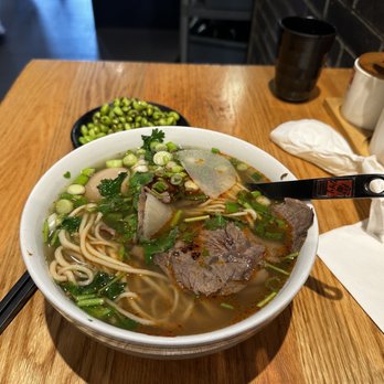 Gol's Lanzhou Noodle - Beef noodles with edamame salad on the side. - Noodles Near Me - Waterloo, Ontario Gol's Lanzhou Noodle - Beef noodles with edamame salad on the side. - Noodles Near Me - Waterloo, Ontario