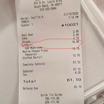 Rocco's Restaurant - Charged me a higher price on my pasta - Pizza Near Me - South Bend, Indiana