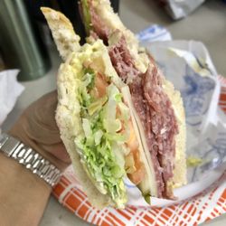 Beach Hut Deli - Salami and Swiss on sliced sourdough.