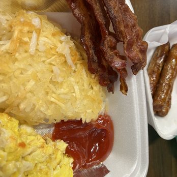 Joe's Deli - Egg Things - 2 Scrambled eggs (sorry, I started eating them), 4 bacon strips, crispy hash browns and a side of sausage links. - Delis Near Me - Fife, Washington Joe's Deli - Egg Things - 2 Scrambled eggs (sorry, I started eating them), 4 bacon strips, crispy hash browns and a side of sausage links. - Delis Near Me - Fife, Washington