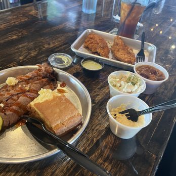 Edley's Bar-B-Que - (L) Brisket, cornbread, potato salad and coleslaw (R) Hot fried chicken and baked beans - Barbeque Near Me - Nashville, Tennessee Edley's Bar-B-Que - (L) Brisket, cornbread, potato salad and coleslaw (R) Hot fried chicken and baked beans - Barbeque Near Me - Nashville, Tennessee