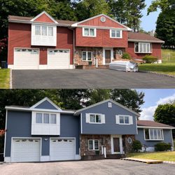 Luna Developers - New Siding, Gutters, Soffit & Fascia job of the before red shake siding and the after blue vinyl.