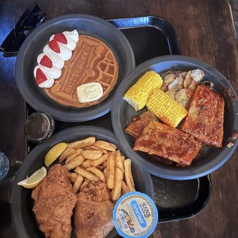 Three Broomsticks at Universal Studios Hollywood - Fish and Chips, Butterbeer Waffles, Ribs Plate - British Near Me - Universal City, California Three Broomsticks at Universal Studios Hollywood - Fish and Chips, Butterbeer Waffles, Ribs Plate - British Near Me - Universal City, California