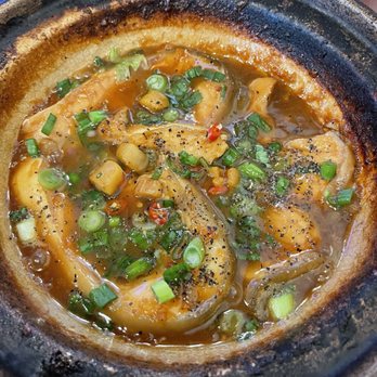 Clay Pot Kitchen - Com Nieu Houston - "Ca Bong Lau Kho To" ($19.95): caramelized catfish served in a clay pot. Tasted very old and mushy. Had food poisoning right after. - Vietnamese Near Me - Houston, Texas Clay Pot Kitchen - Com Nieu Houston - "Ca Bong Lau Kho To" ($19.95): caramelized catfish served in a clay pot. Tasted very old and mushy. Had food poisoning right after. - Vietnamese Near Me - Houston, Texas