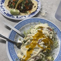 La Frontera - Carne Asada Huarache (sp?) and 2 Al pastor tacos