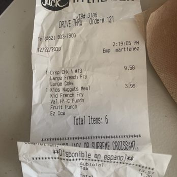 Jack in the Box - Receipt of food bought and drink went to trash. - Burgers Near Me - Downey, California