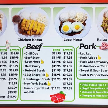 Loco Moco Drive Inn - The various plate lunches they sell here at Loco Moco Drive Inn. - Hawaiian Near Me - Honolulu, Hawaii