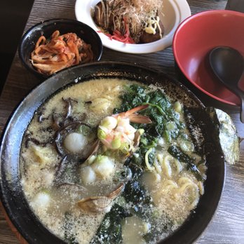Ramen Seas - Seafood ramen. Octopus in pancake in background. - Ramen Near Me - Sunnyvale, California Ramen Seas - Seafood ramen. Octopus in pancake in background. - Ramen Near Me - Sunnyvale, California