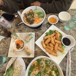 Egg noodle pho, crispy tofu, Shrimp Spring Roll (Goi cuon tom) 2 rolls