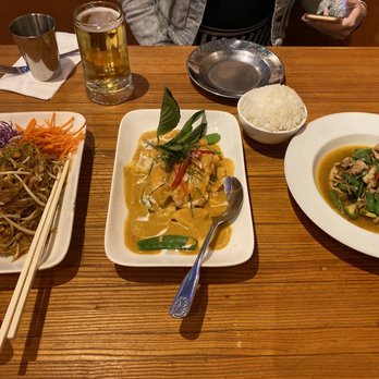 Pestle Rock - From left to right: Mee Ka Ti (pad thai like)- Penang Salmon (fckn amazing), Gai Phad Prick Gang (Fckn amazing) - Thai Near Me - Seattle, Washington