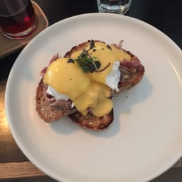 Eggs Benedict with ham hock and tarragon hollandaise