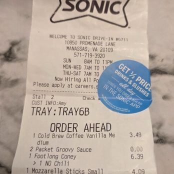 Sonic Drive-In - receipt - Fast Food Near Me - Manassas, Virginia Sonic Drive-In - receipt - Fast Food Near Me - Manassas, Virginia