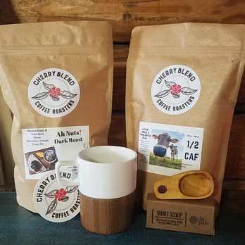 Cherry Blend Coffee Roasters - Ah, Nuts dark roast coffee, 1/2 Calf coffee blend, porcelain wood coffee mug, and a De Palo coffee wood short scoop - Coffee Roasteries Near Me - Canton, Ohio