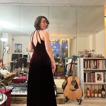 Kat's Reussi Store - Vintage 90's-2000's floor-length halter dress with dark red color, and sparkly sequins on the neckline, diamond cutouts along the back. - Used, Vintage & Consignment Near Me Kat's Reussi Store - Vintage 90's-2000's floor-length halter dress with dark red color, and sparkly sequins on the neckline, diamond cutouts along the back. - Used, Vintage & Consignment Near Me