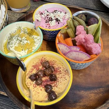 Spread Kitchen - Three dips - hummus, Lebneh (gf), and Whipped Feta Beet Dip (gf) - Lebanese Near Me - Sonoma, California Spread Kitchen - Three dips - hummus, Lebneh (gf), and Whipped Feta Beet Dip (gf) - Lebanese Near Me - Sonoma, California