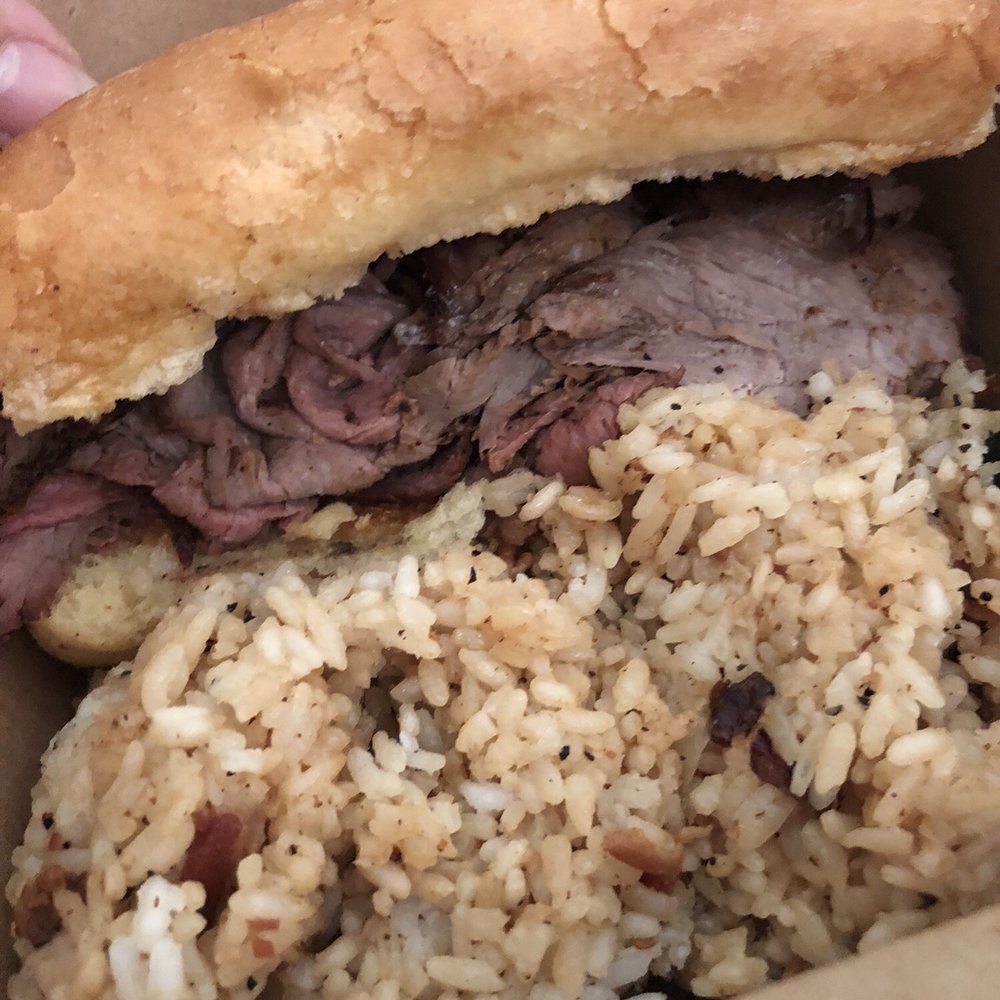Whiskey Bent BBQ - This is the try tip sandwich and bacon fried rice. It comes with homemade salsa and homemade barbecue sauce. - Food Trucks Near Me