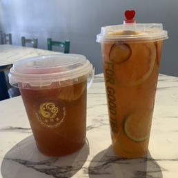 Superfruit tea (jumbo) and peach passion tea