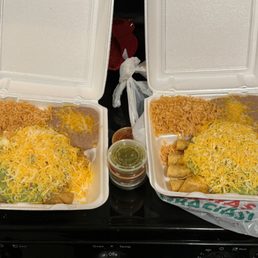 Beef taquitos with tons of guac and cheese.