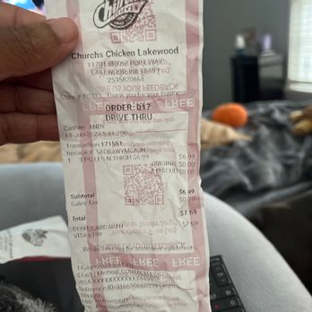 Church's Chicken - Receipt #2 chicken & biscuit - Fast Food Near Me - Lakewood, Washington Church's Chicken - Receipt #2 chicken & biscuit - Fast Food Near Me - Lakewood, Washington