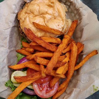 Central Market Cafe - Burger with fixings and sweet potato fries - American Near Me - Austin, Texas