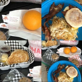 Hoops Food & Spirits - Breakfast sandwich with hash brown a side of bacon and pancakes. - Sports Bars Near Me - Las Vegas, Nevada