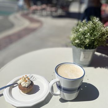 French Corner - Breve with a pumpkin & pineapple cupcake. Très Bien! - Breakfast & Brunch Near Me - Carlsbad, California