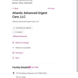 Atlantic Medical Group - My insurance's provider directory showing that this urgent care is in network