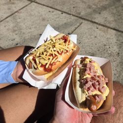 Devil Dogs Hot Dogs - Brazilian Devil Dog (left), Taylor Ham Pork Dog (right)
