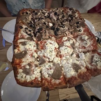 De Lucia's Italian Restaurant - Meatball pizza, half with mushroom and olive & the other half with ricotta. - Italian Near Me - Lake Forest, California De Lucia's Italian Restaurant - Meatball pizza, half with mushroom and olive & the other half with ricotta. - Italian Near Me - Lake Forest, California