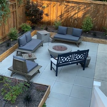 Contemporary Homestead - patio with seating and fire pit - Landscaping Near Me