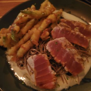 Blackfin Bistro - Seared yellowfin tuna (sooo soft and flavorful) over perfectly cooked soba noodles and with tempura green beans! - Seafood Near Me - Key West, Florida