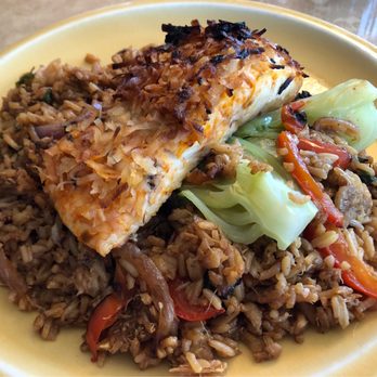 The Laundry - Sesame Crusted Halibut filet on crab fried rice, steamed baby bok choy with a lime-coconut beurre blanc. - New American Near Me - Fenton, Michigan