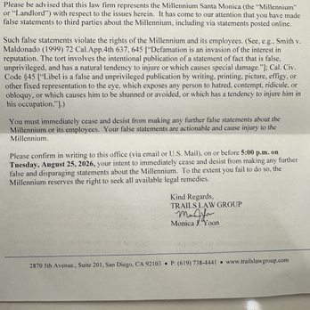 Millennium Santa Monica - Cease and desist I received after posting online review. - Apartments Near Me - Santa Monica, California Millennium Santa Monica - Cease and desist I received after posting online review. - Apartments Near Me - Santa Monica, California