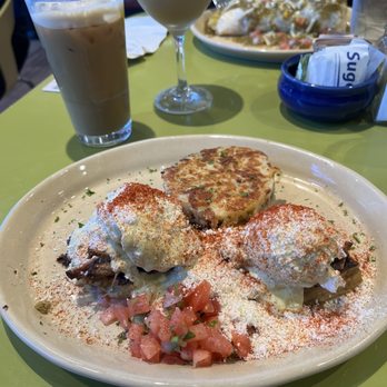 Snooze, an A.M. Eatery - Birria Benedict with espresso martini and a vanilla honey oat milk cold brew. - Breakfast & Brunch Near Me - Orange, California
